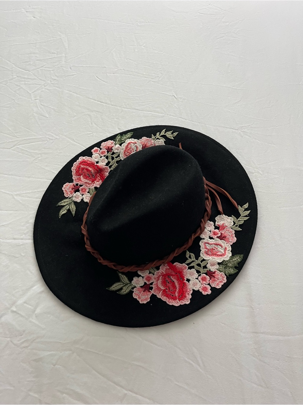 Black Wool Rancher Hat with Pink Floral Embroidery